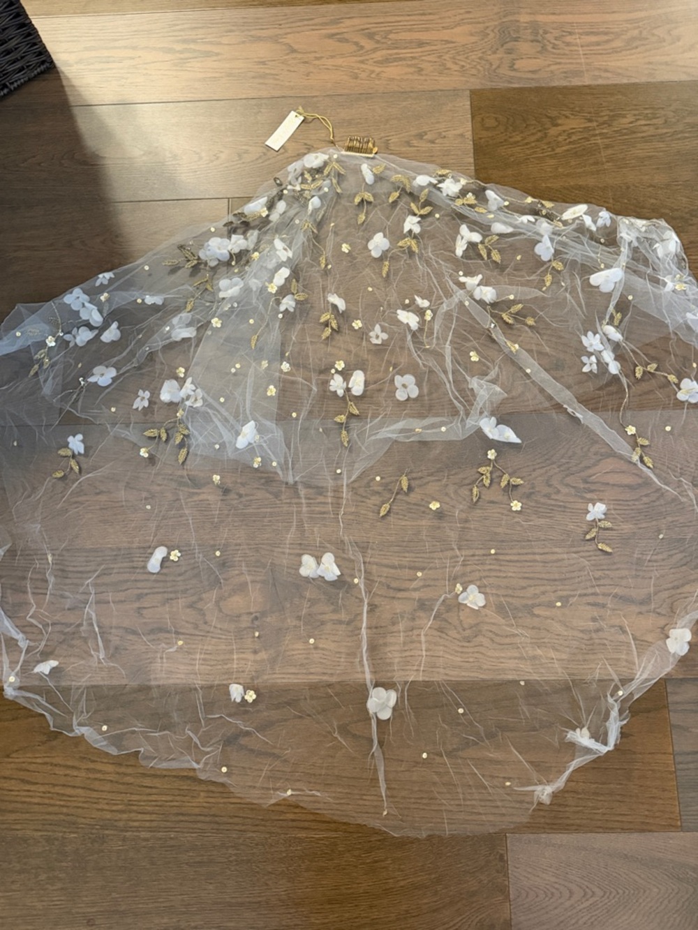 Brand new- Sheer White Floral Appliqué Bridal Veil with Gold Accents hand sewn